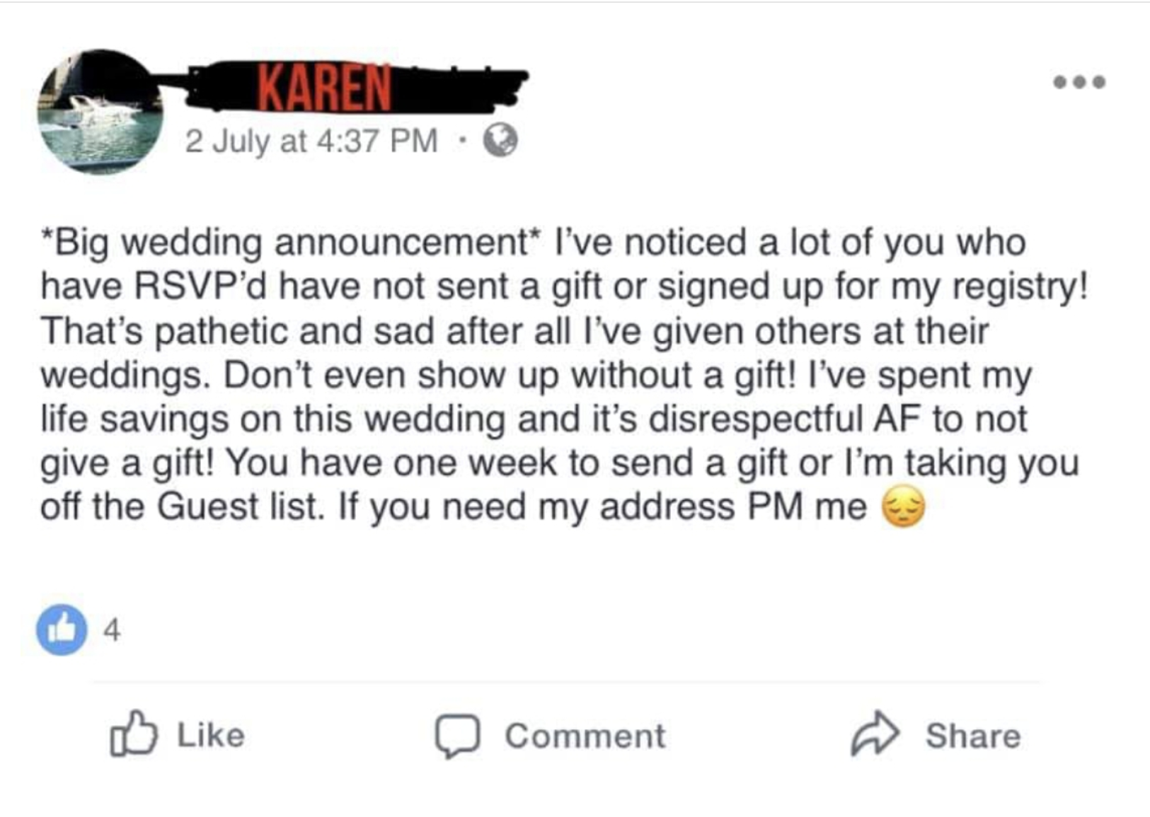 &quot;I&#x27;ve noticed a lot of you who have RSVP&#x27;d have not sent a gift&quot;