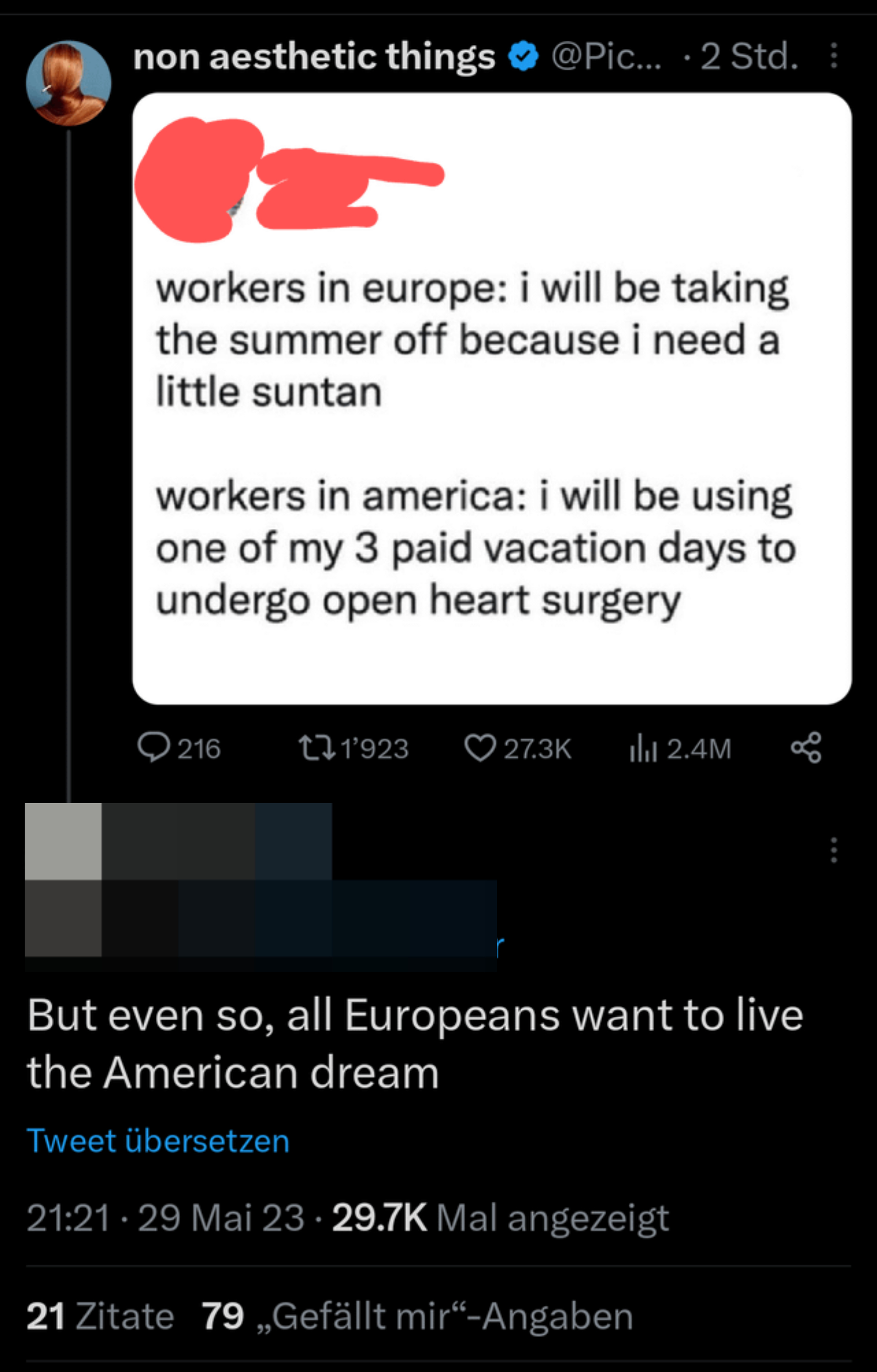 Someone posts a meme celebrating how much more paid time off Europeans get than Americans, and an American responds &quot;Even so, all Europeans want to live the American dream&quot;