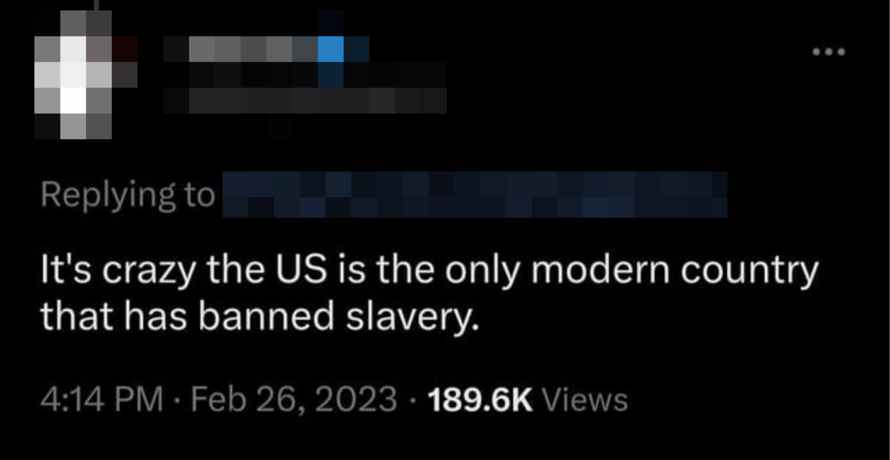 A Twitter post from an American that says &quot;it&#x27;s crazy the US is the only modern country that has banned slavery&quot;