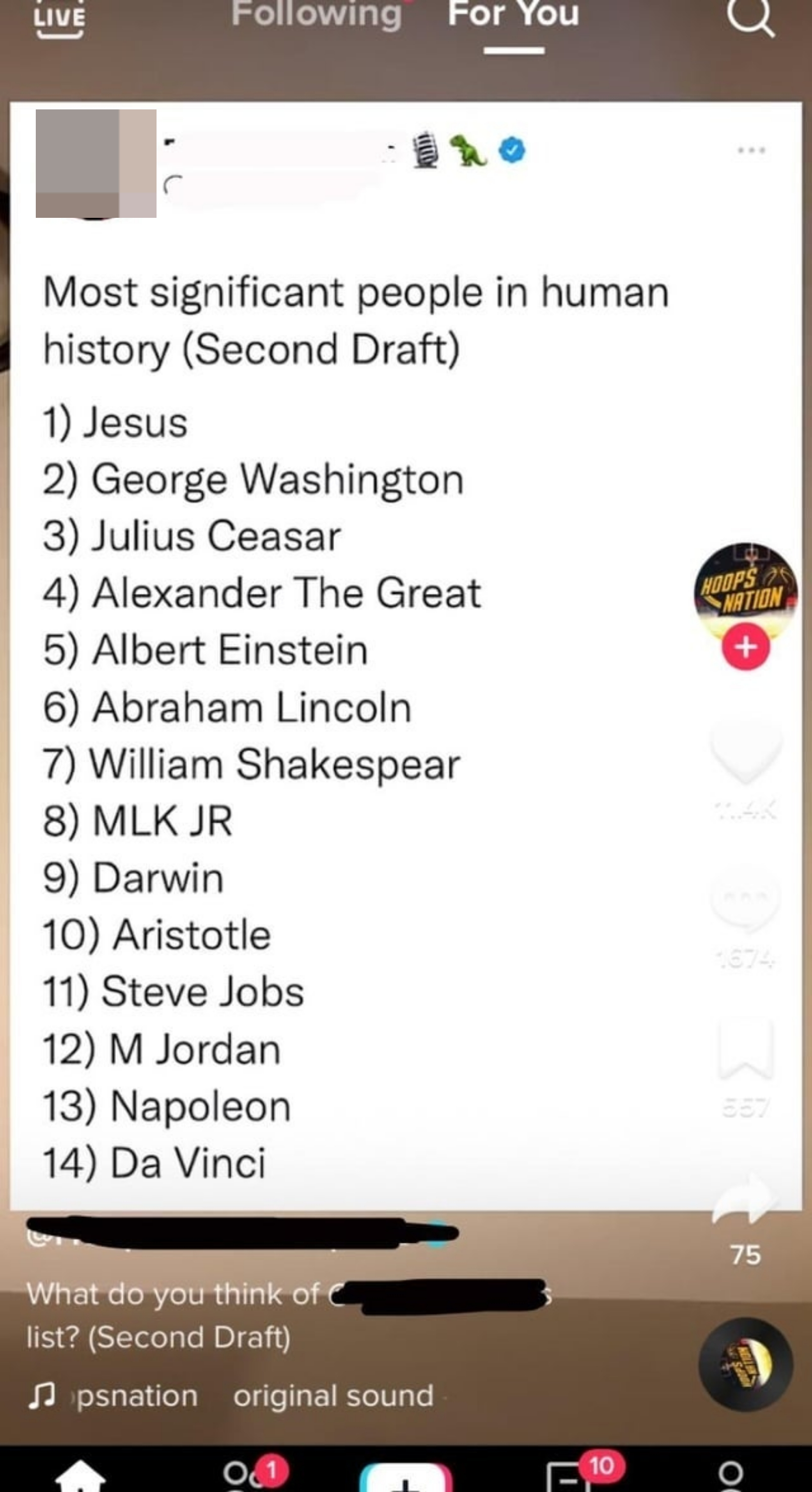 An American made a list of the most significant people in human history, with Jesus first, George Washington second, Michael Jordan 12th, and Napoleon 13th