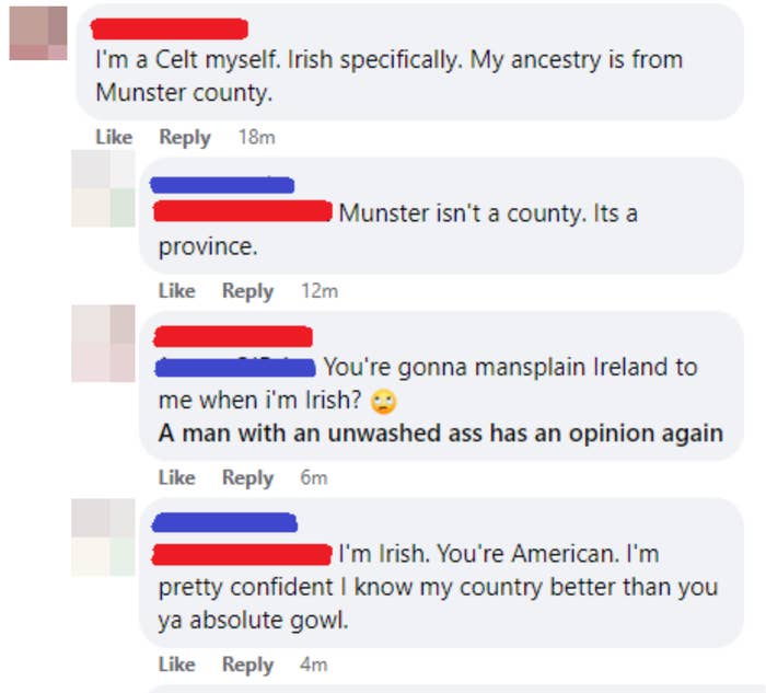An American says they have Irish ancestry from Munster county, an Irishman says Munster is a province, and the American accuses them of mansplaining Ireland