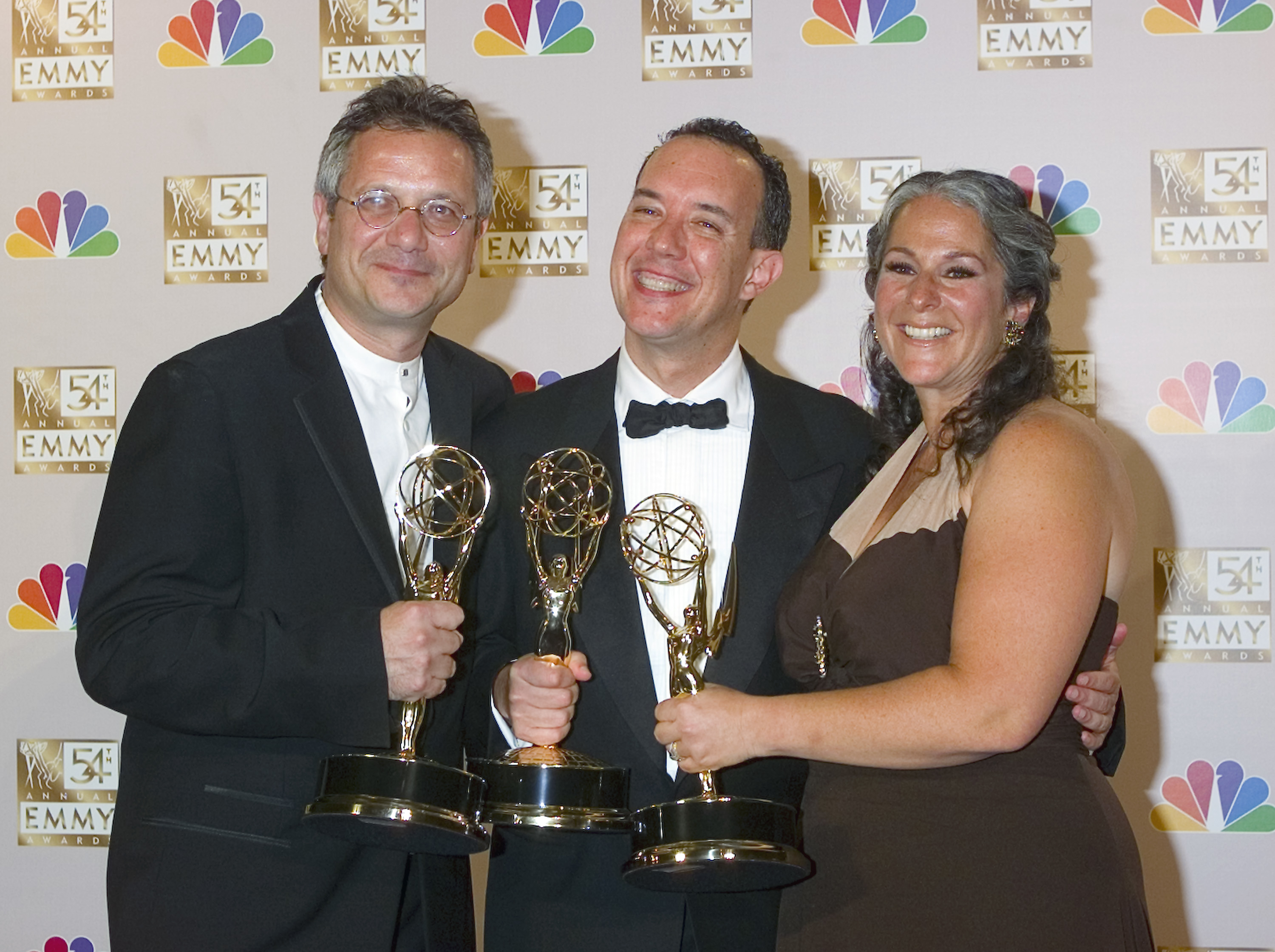 &quot;Friends&quot; producers Kevin S Bright, David Crane, and Marta Kaufmann hold up their Emmys