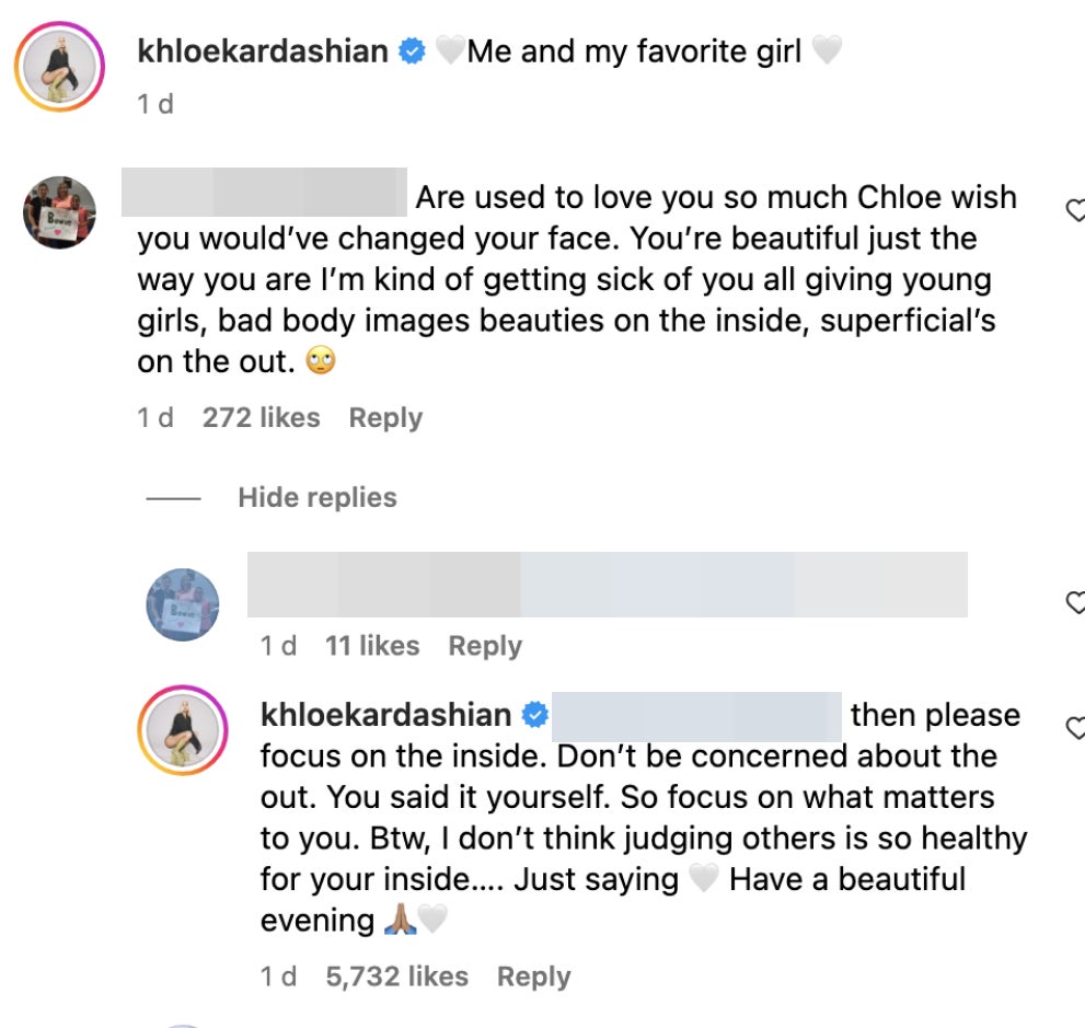 Screenshot of Khloé&#x27;s Instagram comment