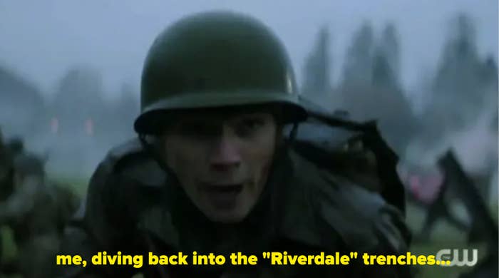 Archie on the battlefield with the caption me diving back into the riverdale trenches