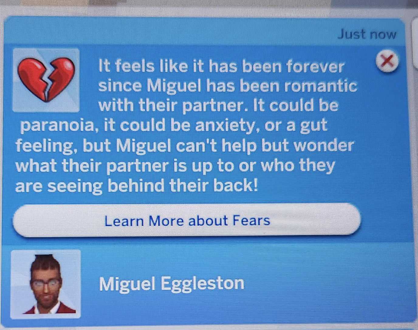 &quot;but Miguel can&#x27;t help but wonder what their partner is up to or who they are seeing behind their back!&quot;