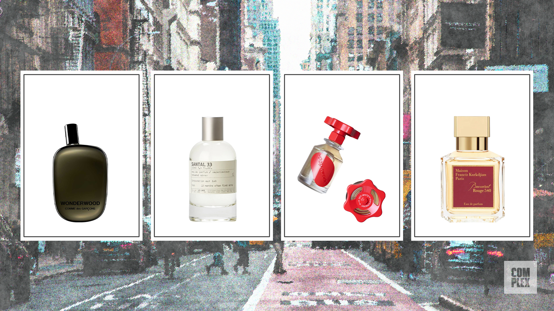 Fragrance bottles in a New York City setting.