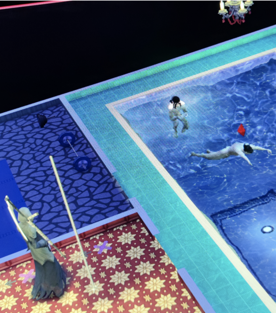 A Sim swimming laps in front of the Grim Reaper