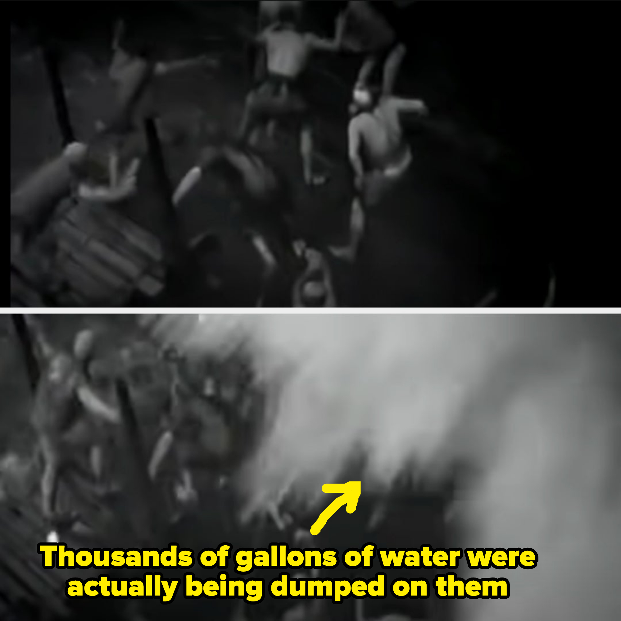 Arrow pointing to thousands of gallons of water being dumped on the actors in the scene