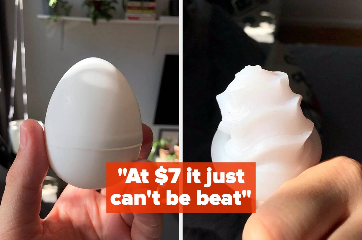 Reviewer holding egg-shaped disposable masturbation sleeve and reviewer displaying textured interior of sleeve