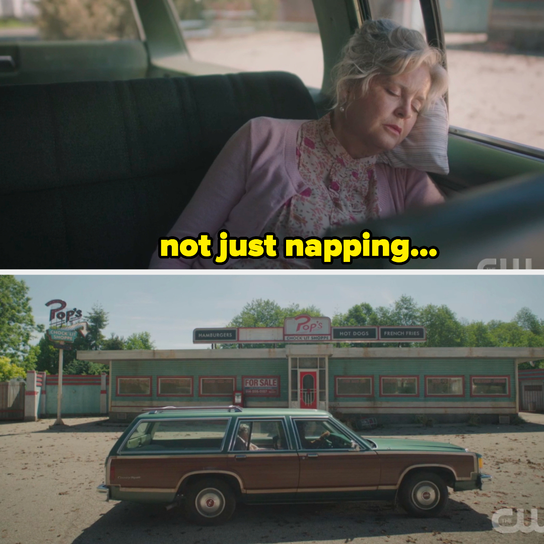 Betty in the car with the caption not just napping driving past pop&#x27;s
