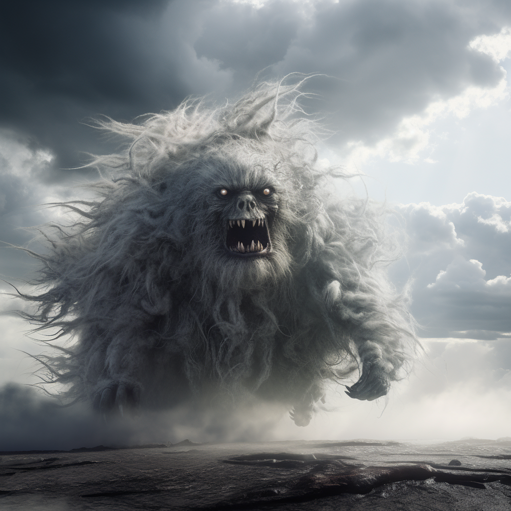 This alien resembles an angry yeti the size of a cloud in the sky