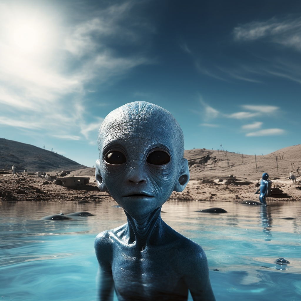 The alien is a humanoid with blue, wrinkled skin