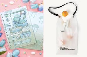 Notebooks with rainy day design; clear biodegradable tote bag holding oranges.