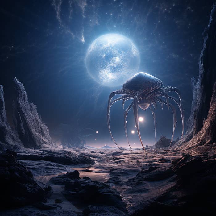 The alien essentially looks like a giant spider, one that&#x27;s roughly half the size of a crater