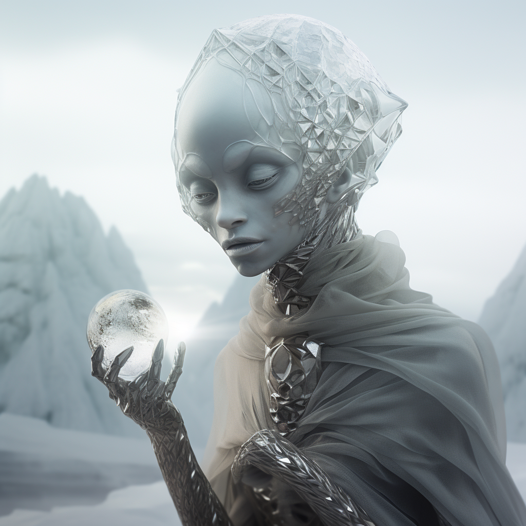 This alien is a humanoid with a relatively normal-looking face, but then the rest of its head and body are covered in crystals that resembles cracked ice