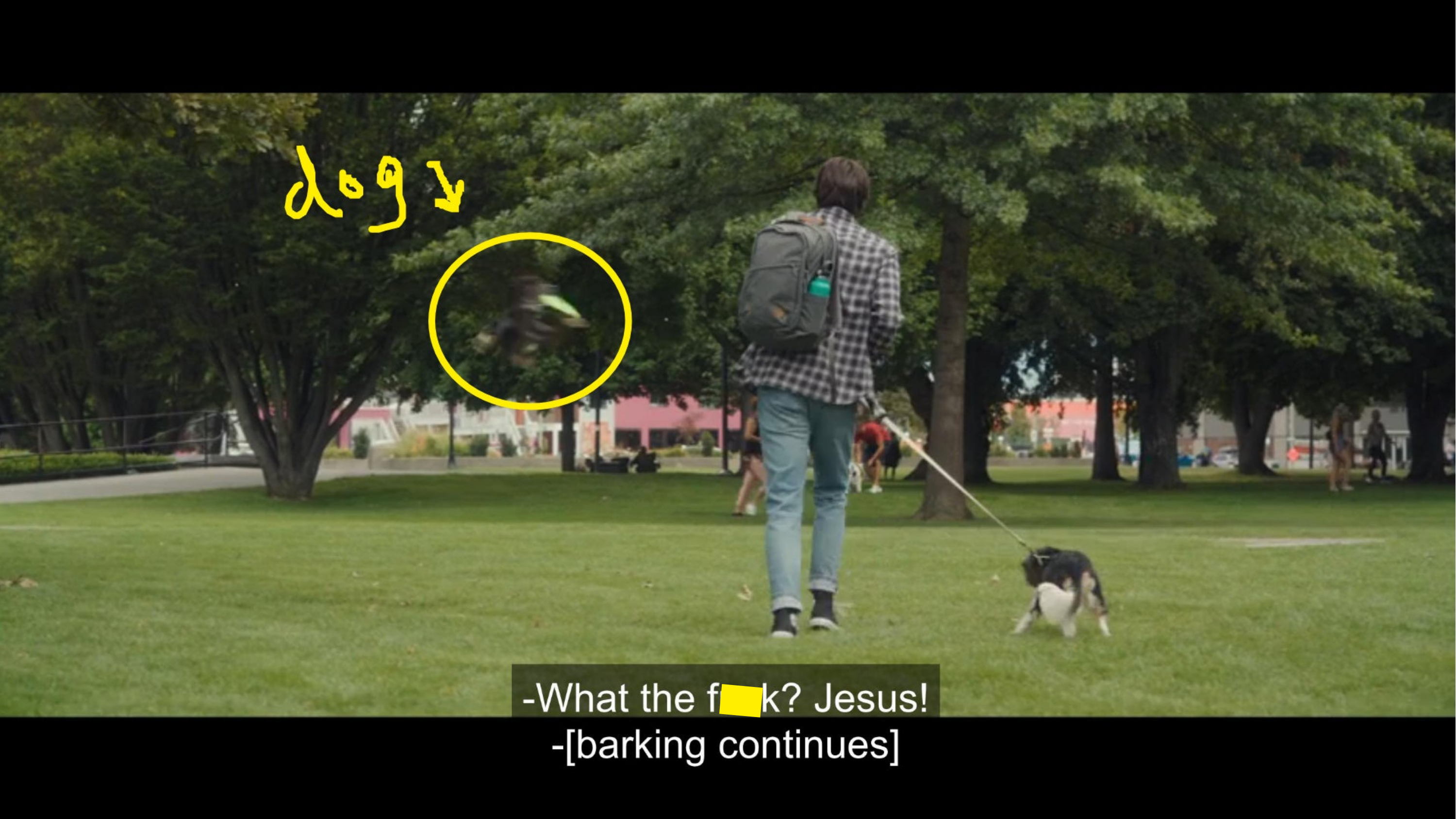 man with dog at park ducks, says &#x27;what the fuck? jesus!&#x27; as dog with frisbee spins through the air in front of him. caption &#x27;[barking continues]&#x27; it is a scene of chaos