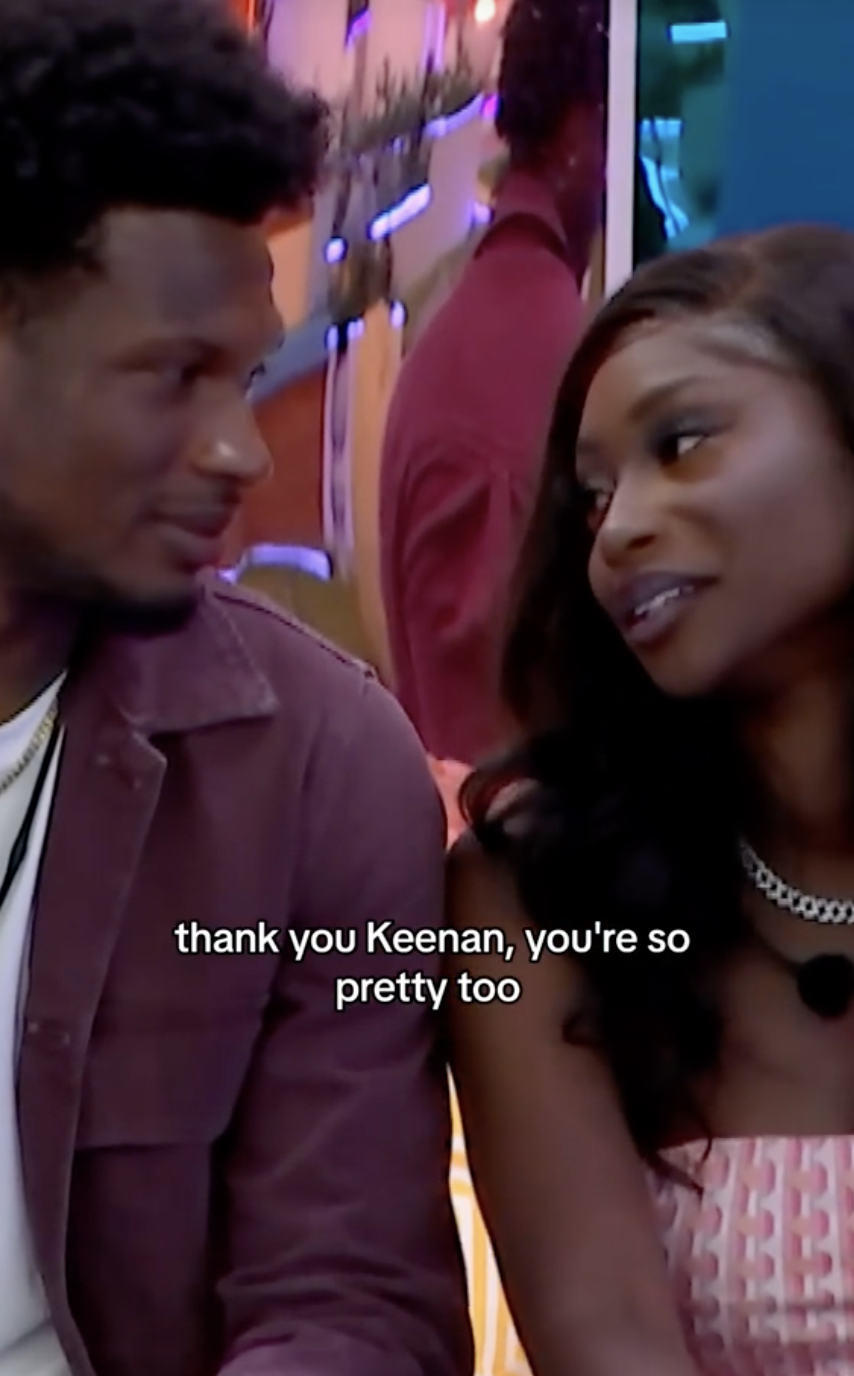 Close-up of Keenan and Kay Kay looking at each other with caption &quot;Thank you Keenan, you&#x27;re so pretty too&quot;