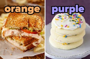 On the left, a toasted turkey sandwich labeled orange, and on the right, frosted sugar cookies with sprinkles labeled purple