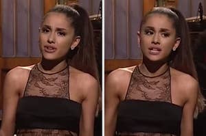 Ariana Grande frowns during her SNL monologue
