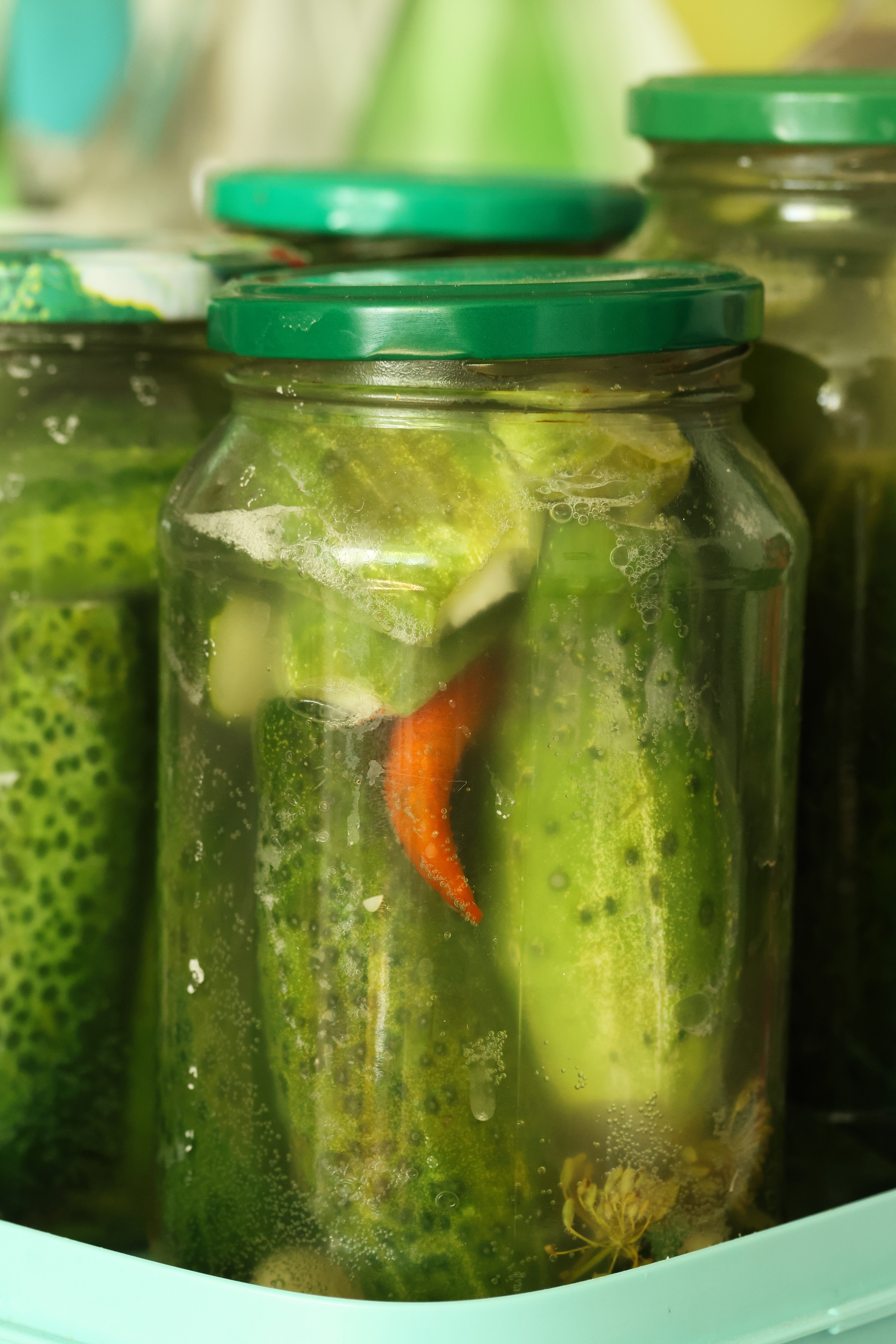 Close-up of jars of pickles