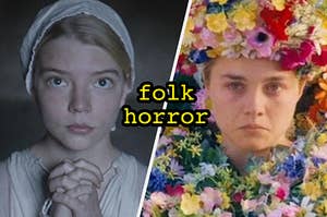 Anya Taylor Joy with her hands clasp and Florence Pugh as the May Queen.