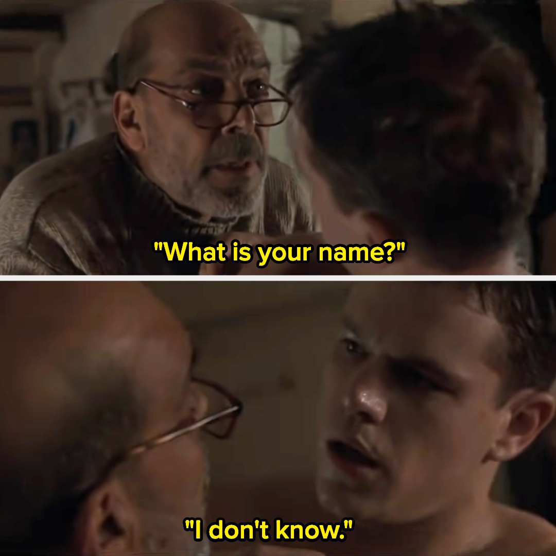 Bourne being asked what his name is, and Bourne says he doesn&#x27;t know