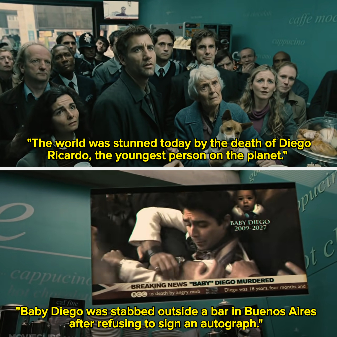 A crowd of people watching someone on TV say &quot;The world was stunned today by the death of Diego Ricardo, the youngest person on the planet; Baby Diego was stabbed outside a bar in Buenos Aires after refusing to sign an autograph&quot;