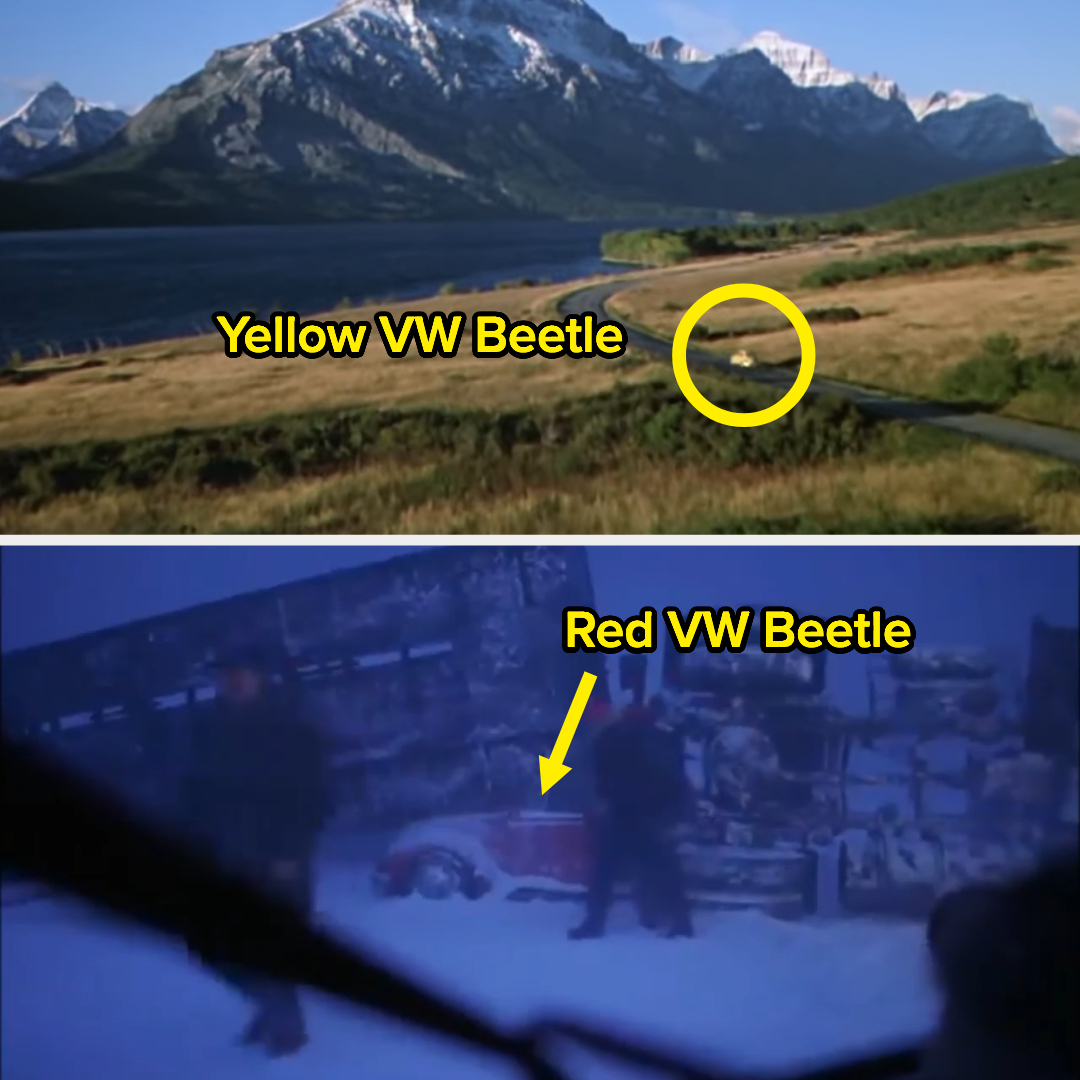 The different-colored cars circled in scenes from the movie