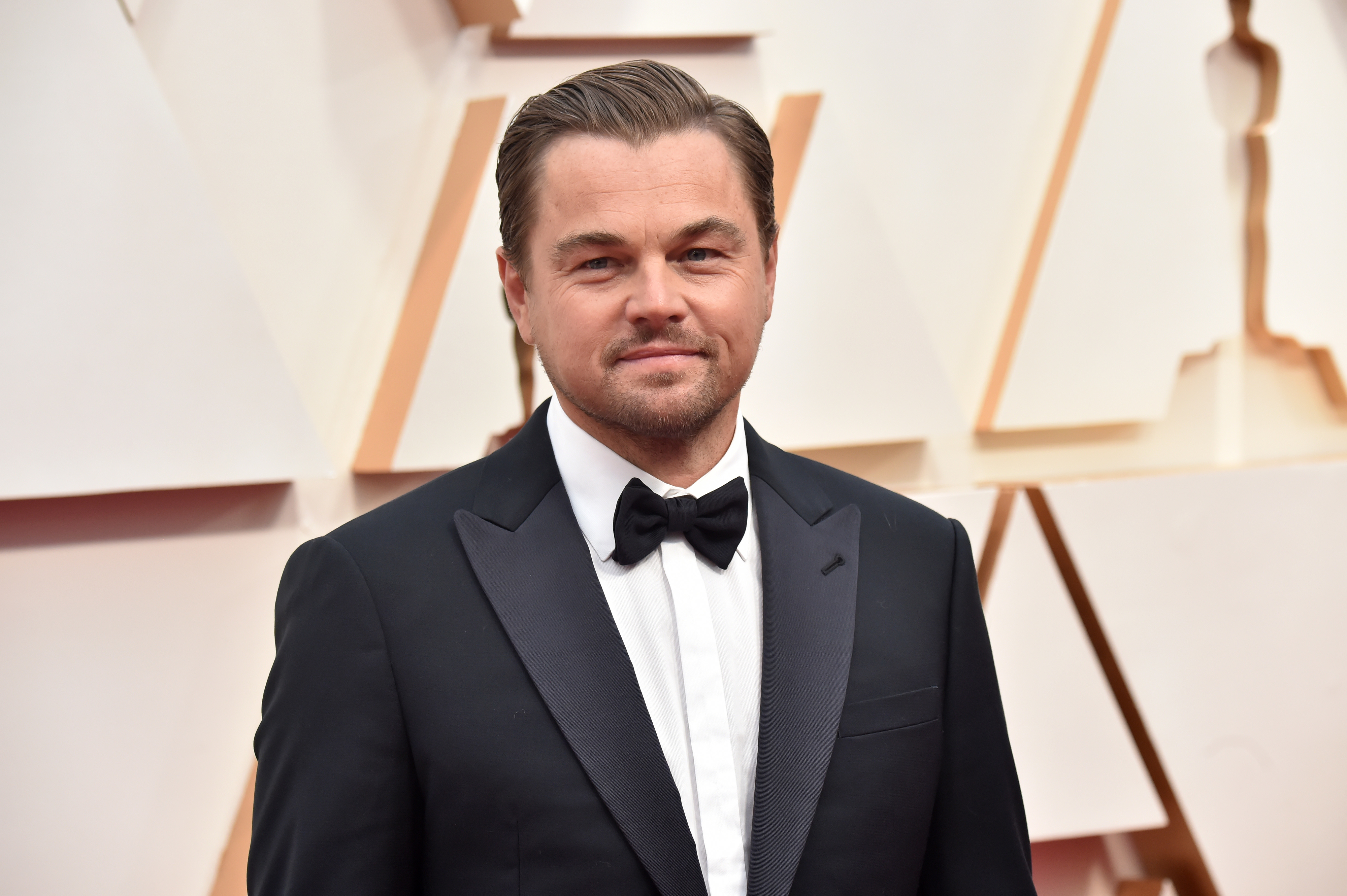Close-up of Leo at a media event in a bow tie
