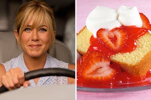 jennifer aniston driving on the left and strawberry shortcake on the right