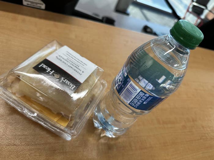 bottled water and sandwich