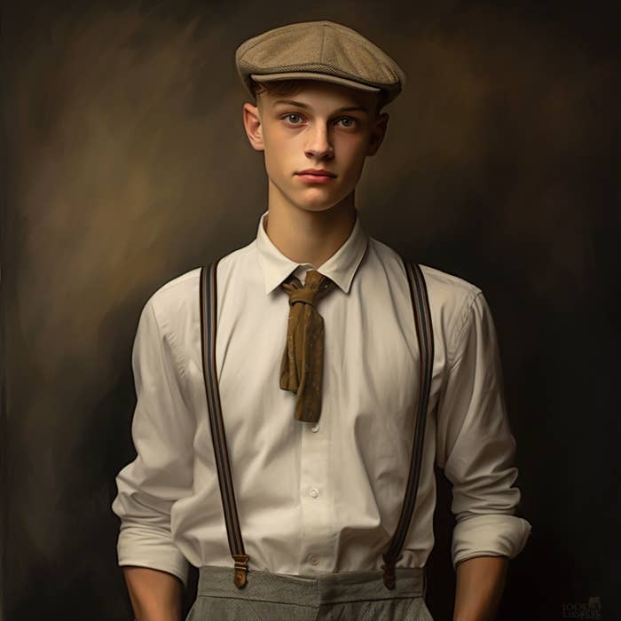 An 18-year-old boy in the 1920s with a newspaper hat and old outfit