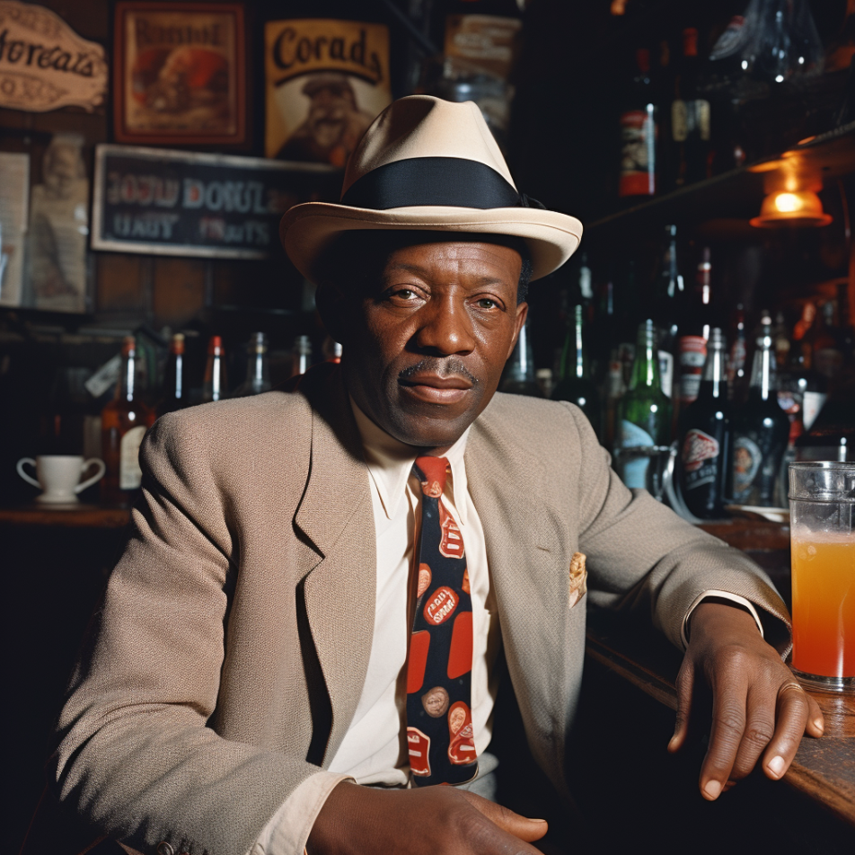 A 50-year-old Black man in a bar in the 1930s