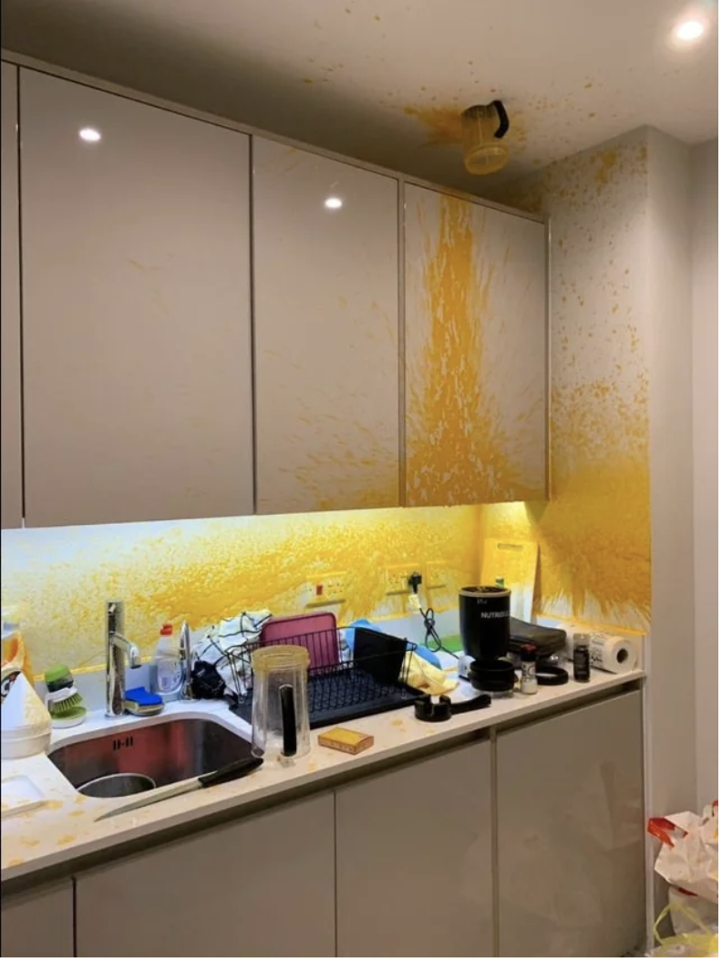 Smoothie all over the walls and counter