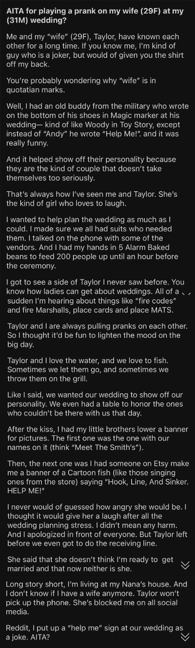 groom playing a prank on his new wife at the wedding