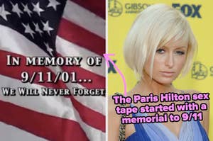 "the paris hilton sex tape started with a memorial to 9/11" with a photo of paris and the memorial