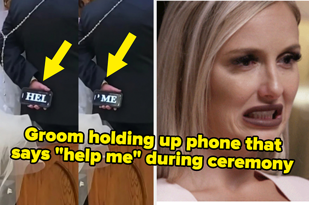 Groom holding up phone that says "help me" during ceremony with a cringing reaction image