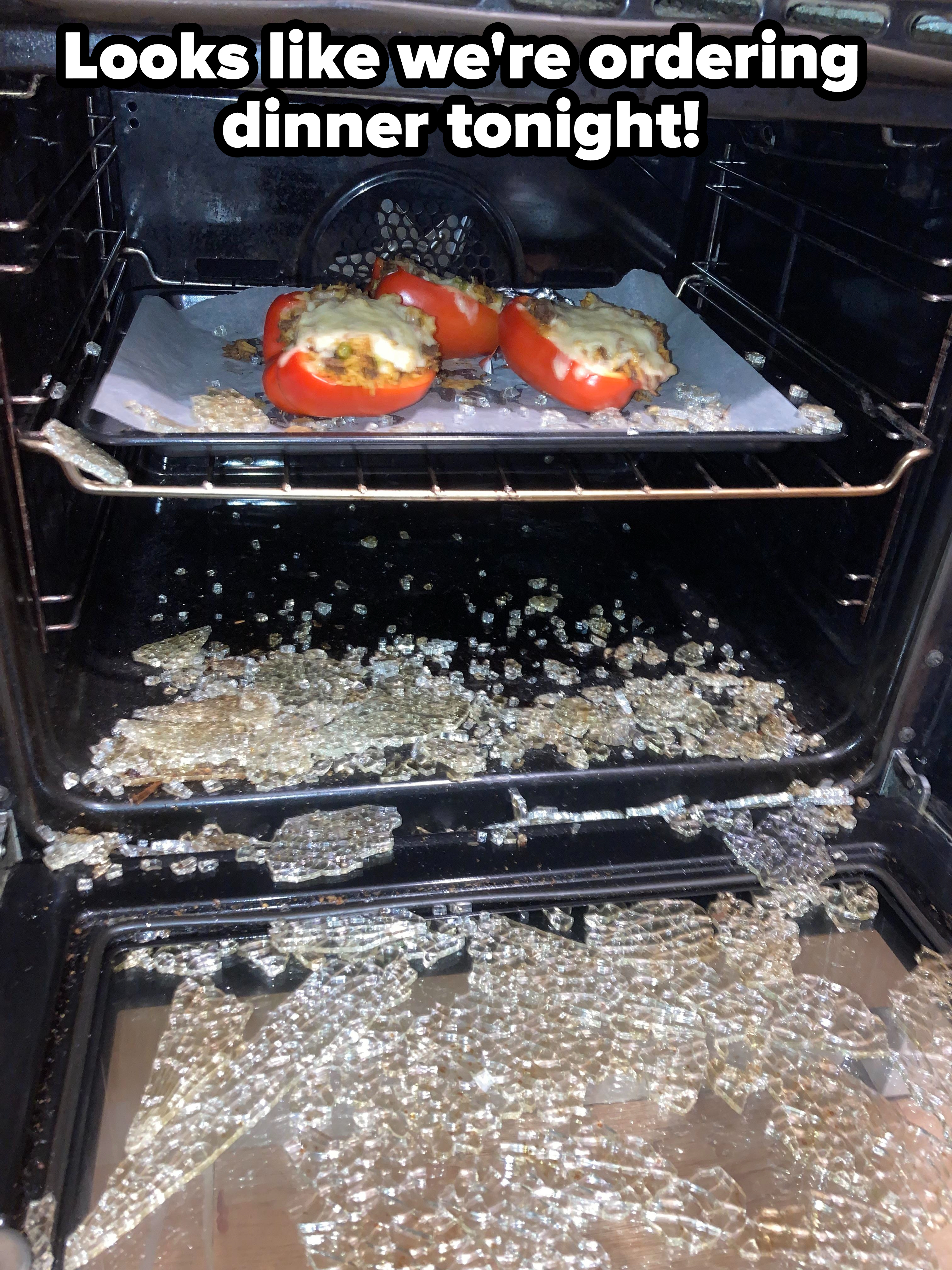 Broken glass in an oven