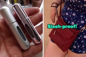 L: a reviewer wearing two small spray tubes, R: a reviewer wearing a crossbody purse and text reading "splash-proof!"