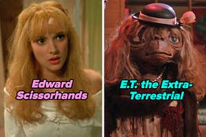On the left, Winona Ryder as Kim in Edward Scissorhands, and on the right, ET wearing a dress and silly, little hat