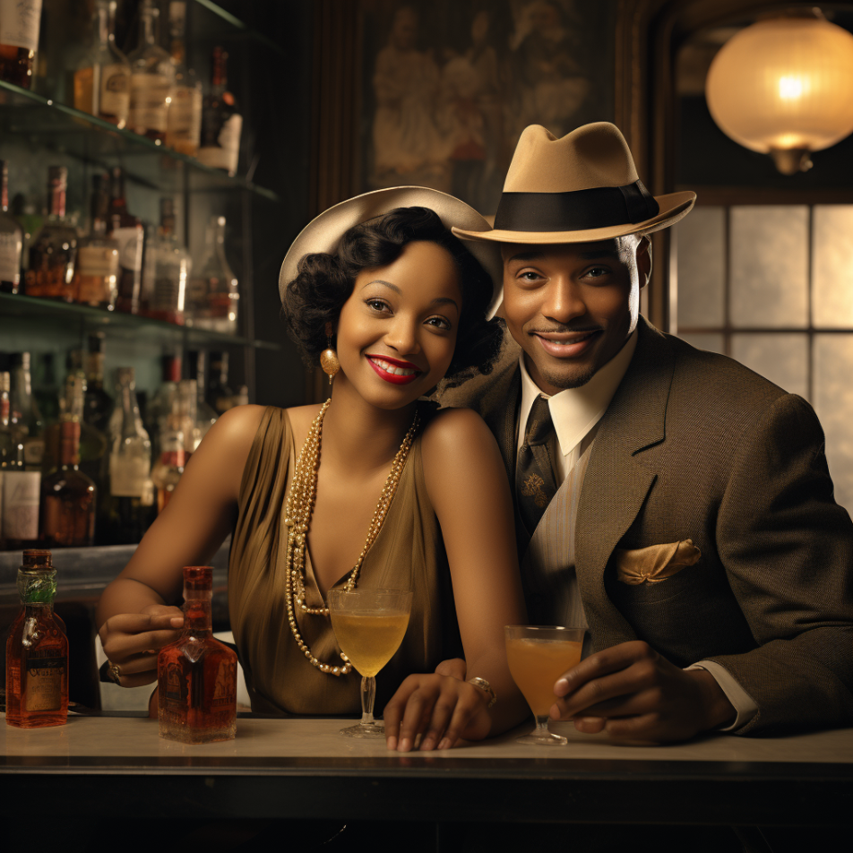 A 30-year-old Black woman and man at the bar in the 1920s