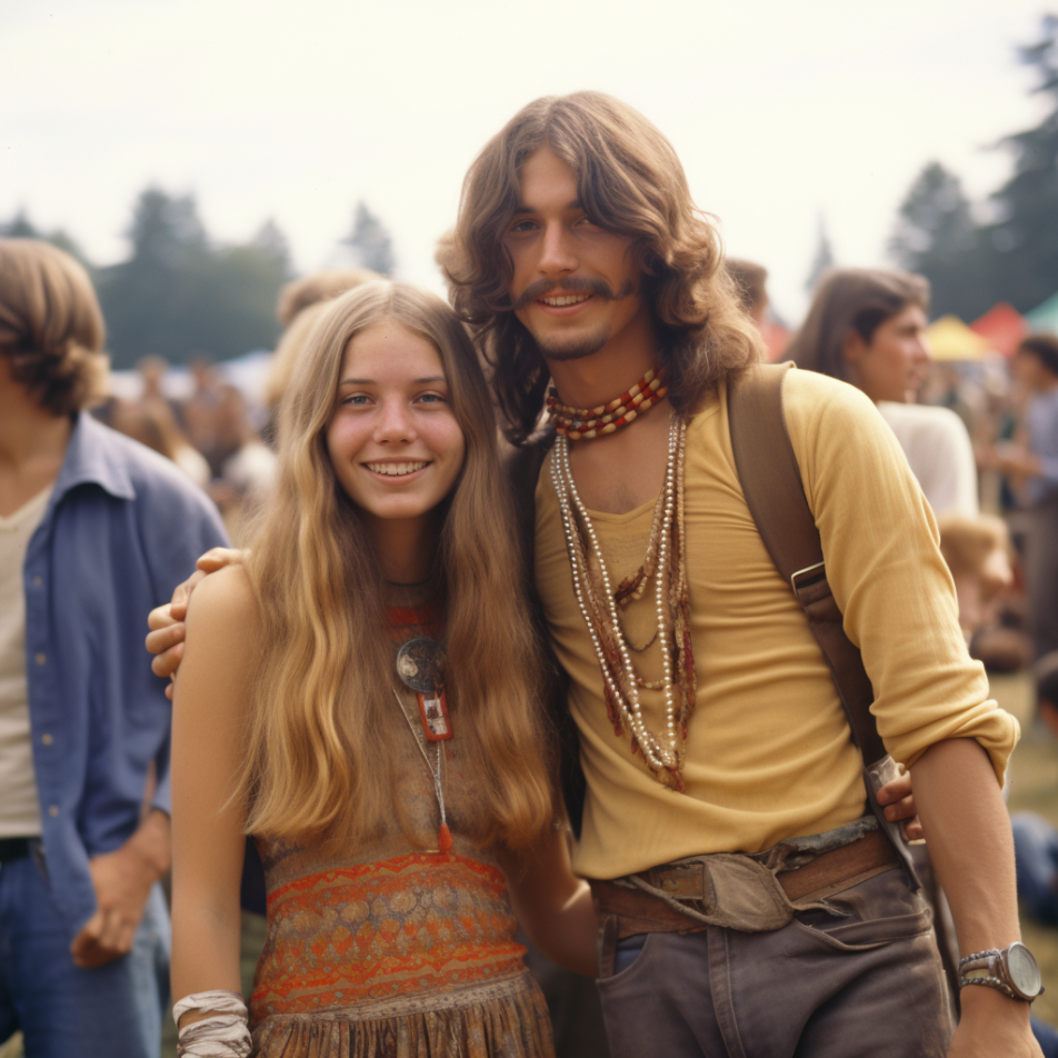 A young couple at a music festival in the 1970s