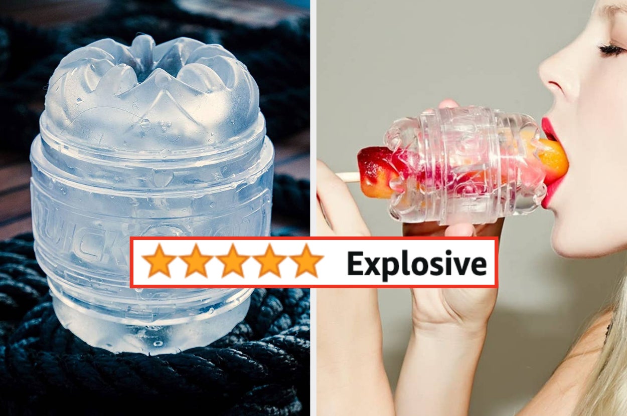 Transparent masturbator on display and model eating popsicle out of masturbator