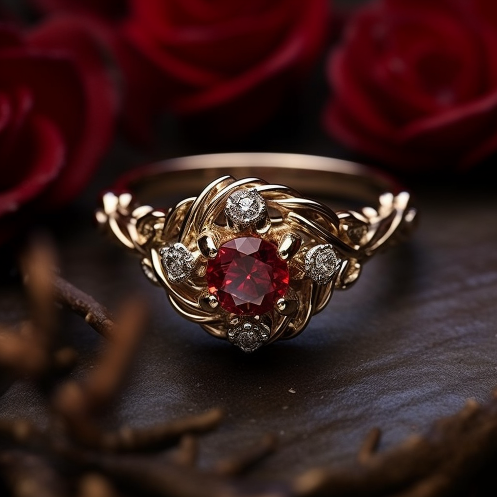 a gold ring with a braid-like band and a garnet-like gem in the center with four diamonds surrounding it