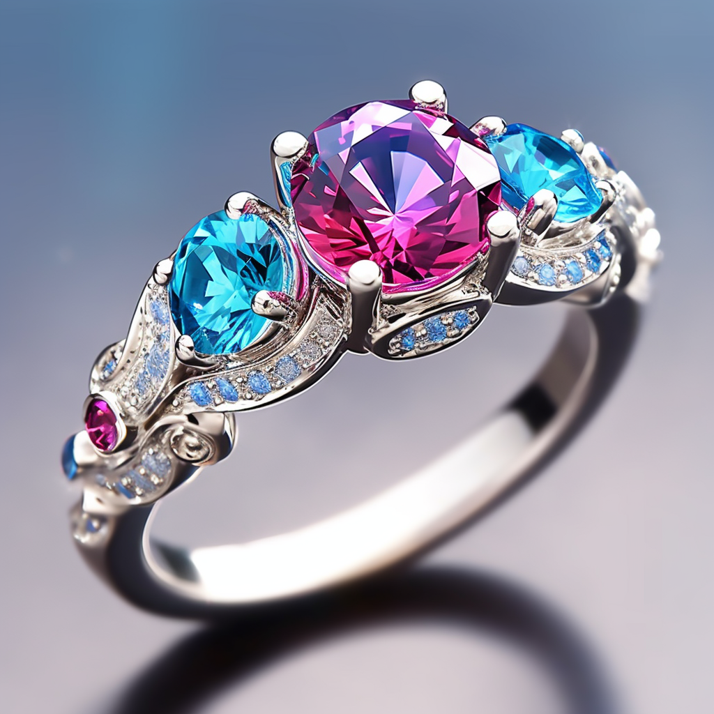 a silver ring with a pink sapphire-like gem in the middle surrounded by a blue topaz-like gem on either side with tiny diamonds all over
