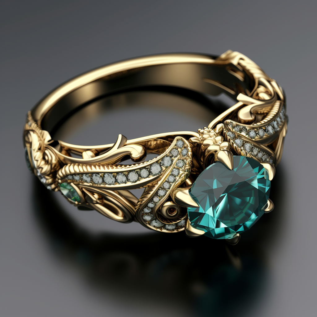 a gold ring with an emerald-like gem in the center and several twisty bands of tiny diamonds around it