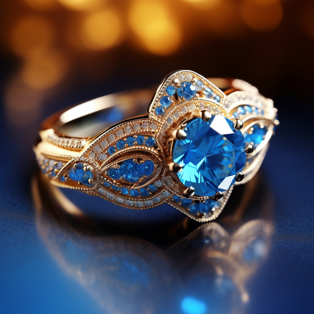 A gold ring with a large, sapphire-like gem in the middle surrounded by rows of tiny diamonds and tiny sapphires