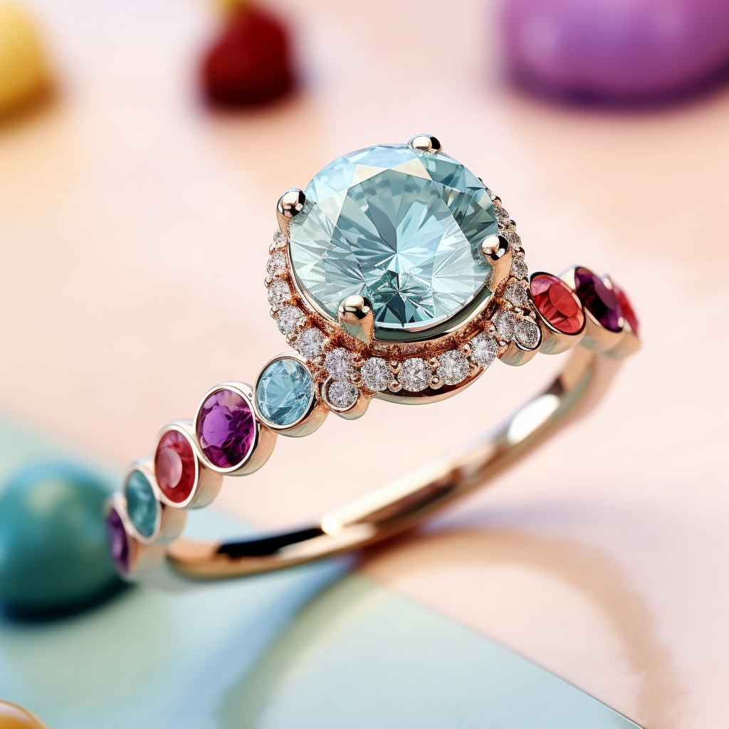 A gold ring with an aquamarine-like gem in the center surrounded by diamonds with various smaller, colorful gems making up the band
