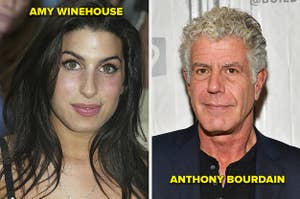 Amy Winehouse poses for a photo vs Anthony Bourdain poses for a photo