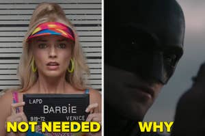 Margot Robbie as Barbie in a scene where she has her mugshot taken vs Batman holds a woman